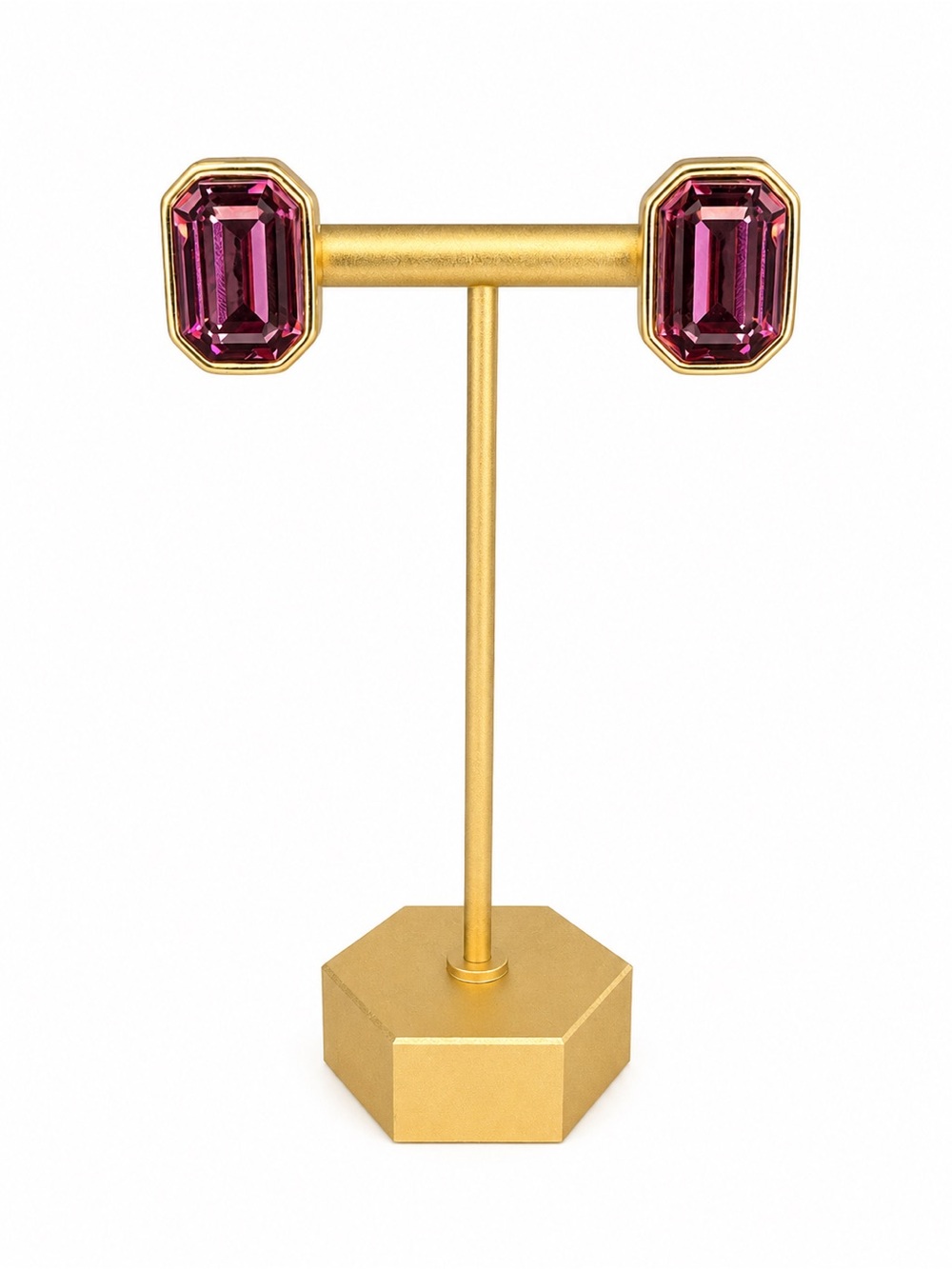 Vintage Signed Swarovski Purple Crystal Clip-On Earrings Gold Tone Emerald Cut